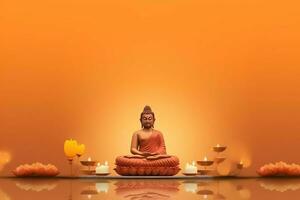 A buddha sits in in vesak buddha purnima day with copy space. Background for vesak festival day concept. Vesak celebration day greetings concept by AI Generated photo