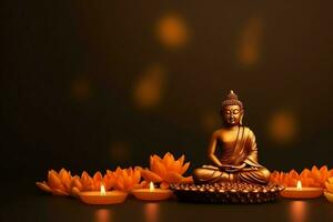 A buddha sits in in vesak buddha purnima day with copy space. Background for vesak festival day concept. Vesak celebration day greetings concept by AI Generated photo