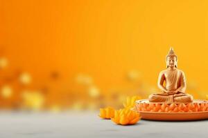 un Buda se sienta en en vesak Buda purnima día con Copiar espacio. antecedentes para vesak festival día concepto. vesak celebracion día saludos concepto por ai generado foto