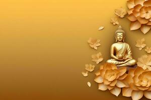 A buddha sits in in vesak buddha purnima day with copy space. Background for vesak festival day concept. Vesak celebration day greetings concept by AI Generated photo