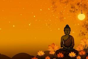 A buddha sits in in vesak buddha purnima day with copy space. Background for vesak festival day concept. Vesak celebration day greetings concept by AI Generated photo