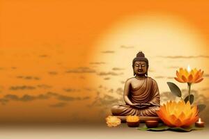 A buddha sits in in vesak buddha purnima day with copy space. Background for vesak festival day concept. Vesak celebration day greetings concept by AI Generated photo