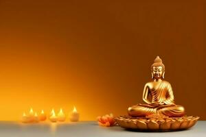 A buddha sits in in vesak buddha purnima day with copy space. Background for vesak festival day concept. Vesak celebration day greetings concept by AI Generated photo