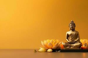 A buddha sits in in vesak buddha purnima day with copy space. Background for vesak festival day concept. Vesak celebration day greetings concept by AI Generated photo