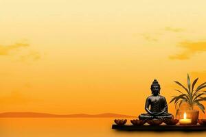 A buddha sits in in vesak buddha purnima day with copy space. Background for vesak festival day concept. Vesak celebration day greetings concept by AI Generated photo