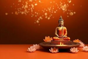 A buddha sits in in vesak buddha purnima day with copy space. Background for vesak festival day concept. Vesak celebration day greetings concept by AI Generated photo