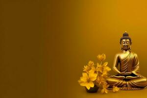 A buddha sits in in vesak buddha purnima day with copy space. Background for vesak festival day concept. Vesak celebration day greetings concept by AI Generated photo