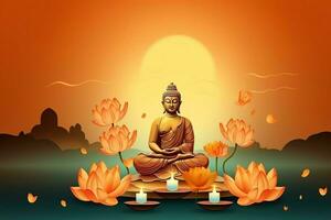 A buddha sits in in vesak buddha purnima day with copy space. Background for vesak festival day concept. Vesak celebration day greetings concept by AI Generated photo