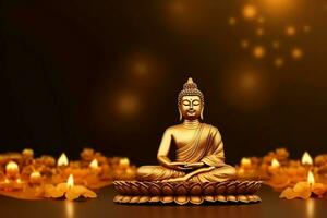 A buddha sits in in vesak buddha purnima day with copy space. Background for vesak festival day concept. Vesak celebration day greetings concept by AI Generated photo