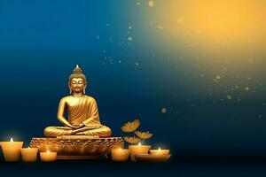 A buddha sits in in vesak buddha purnima day with copy space. Background for vesak festival day concept. Vesak celebration day greetings concept by AI Generated photo