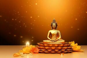 A buddha sits in in vesak buddha purnima day with copy space. Background for vesak festival day concept. Vesak celebration day greetings concept by AI Generated photo