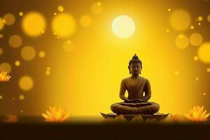 A buddha sits in in vesak buddha purnima day with copy space. Background for vesak festival day concept. Vesak celebration day greetings concept by AI Generated photo