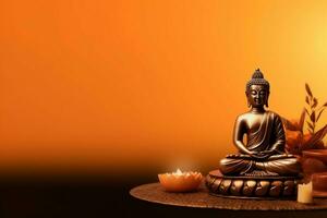 A buddha sits in in vesak buddha purnima day with copy space. Background for vesak festival day concept. Vesak celebration day greetings concept by AI Generated photo