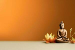 A buddha sits in in vesak buddha purnima day with copy space. Background for vesak festival day concept. Vesak celebration day greetings concept by AI Generated photo