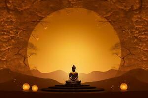 A buddha sits in in vesak buddha purnima day with copy space. Background for vesak festival day concept. Vesak celebration day greetings concept by AI Generated photo