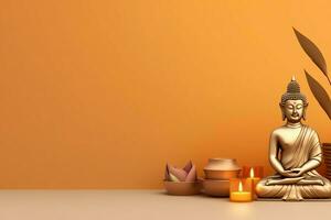 A buddha sits in in vesak buddha purnima day with copy space. Background for vesak festival day concept. Vesak celebration day greetings concept by AI Generated photo
