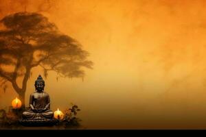 A buddha sits in in vesak buddha purnima day with copy space. Background for vesak festival day concept. Vesak celebration day greetings concept by AI Generated photo