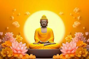 A buddha sits in in vesak buddha purnima day with copy space. Background for vesak festival day concept. Vesak celebration day greetings concept by AI Generated photo
