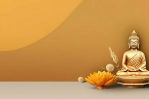 A buddha sits in in vesak buddha purnima day with copy space. Background for vesak festival day concept. Vesak celebration day greetings concept by AI Generated photo