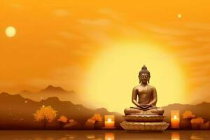 A buddha sits in in vesak buddha purnima day with copy space. Background for vesak festival day concept. Vesak celebration day greetings concept by AI Generated photo