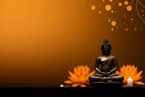 A buddha sits in in vesak buddha purnima day with copy space. Background for vesak festival day concept. Vesak celebration day greetings concept by AI Generated photo