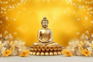 A buddha sits in in vesak buddha purnima day with copy space. Background for vesak festival day concept. Vesak celebration day greetings concept by AI Generated photo