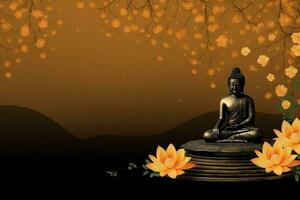 A buddha sits in in vesak buddha purnima day with copy space. Background for vesak festival day concept. Vesak celebration day greetings concept by AI Generated photo