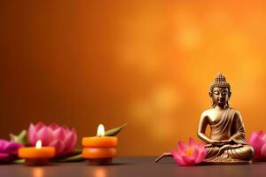 A buddha sits in in vesak buddha purnima day with copy space. Background for vesak festival day concept. Vesak celebration day greetings concept by AI Generated photo