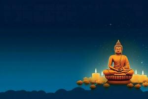 A buddha sits in in vesak buddha purnima day with copy space. Background for vesak festival day concept. Vesak celebration day greetings concept by AI Generated photo