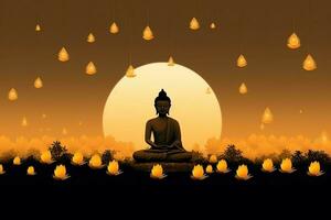 A buddha sits in in vesak buddha purnima day with copy space. Background for vesak festival day concept. Vesak celebration day greetings concept by AI Generated photo