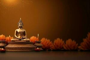 A buddha sits in in vesak buddha purnima day with copy space. Background for vesak festival day concept. Vesak celebration day greetings concept by AI Generated photo