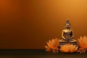 A buddha sits in in vesak buddha purnima day with copy space. Background for vesak festival day concept. Vesak celebration day greetings concept by AI Generated photo