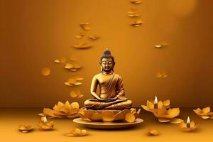 A buddha sits in in vesak buddha purnima day with copy space. Background for vesak festival day concept. Vesak celebration day greetings concept by AI Generated photo