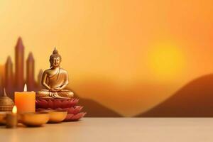A buddha sits in in vesak buddha purnima day with copy space. Background for vesak festival day concept. Vesak celebration day greetings concept by AI Generated photo