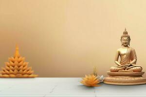 A buddha sits in in vesak buddha purnima day with copy space. Background for vesak festival day concept. Vesak celebration day greetings concept by AI Generated photo