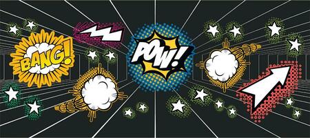 Comics Vintage style pattern, Horizontally banner. Black background. Cartoon elements. vector