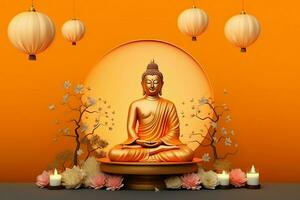 A buddha sits in in vesak buddha purnima day with copy space. Background for vesak festival day concept. Vesak celebration day greetings concept by AI Generated photo