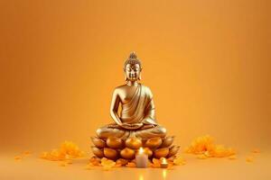 A buddha sits in in vesak buddha purnima day with copy space. Background for vesak festival day concept. Vesak celebration day greetings concept by AI Generated photo