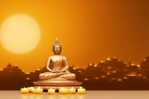 A buddha sits in in vesak buddha purnima day with copy space. Background for vesak festival day concept. Vesak celebration day greetings concept by AI Generated photo