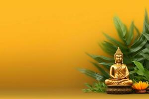 A buddha sits in in vesak buddha purnima day with copy space. Background for vesak festival day concept. Vesak celebration day greetings concept by AI Generated photo
