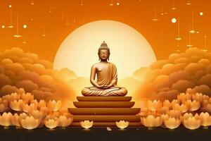 A buddha sits in in vesak buddha purnima day with copy space. Background for vesak festival day concept. Vesak celebration day greetings concept by AI Generated photo