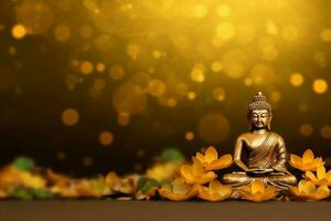 A buddha sits in in vesak buddha purnima day with copy space. Background for vesak festival day concept. Vesak celebration day greetings concept by AI Generated photo