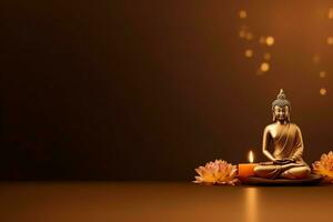 A buddha sits in in vesak buddha purnima day with copy space. Background for vesak festival day concept. Vesak celebration day greetings concept by AI Generated photo