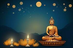 A buddha sits in in vesak buddha purnima day with copy space. Background for vesak festival day concept. Vesak celebration day greetings concept by AI Generated photo