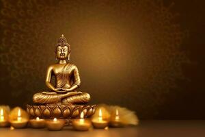 A buddha sits in in vesak buddha purnima day with copy space. Background for vesak festival day concept. Vesak celebration day greetings concept by AI Generated photo