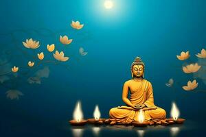 A buddha sits in in vesak buddha purnima day with copy space. Background for vesak festival day concept. Vesak celebration day greetings concept by AI Generated photo