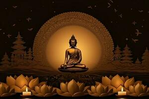 A buddha sits in in vesak buddha purnima day with copy space. Background for vesak festival day concept. Vesak celebration day greetings concept by AI Generated photo