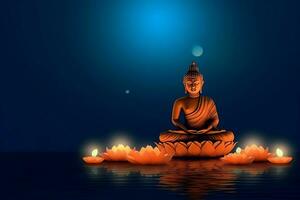 A buddha sits in in vesak buddha purnima day with copy space. Background for vesak festival day concept. Vesak celebration day greetings concept by AI Generated photo