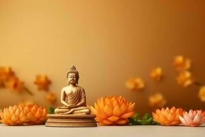 A buddha sits in in vesak buddha purnima day with copy space. Background for vesak festival day concept. Vesak celebration day greetings concept by AI Generated photo