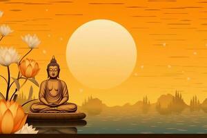 A buddha sits in in vesak buddha purnima day with copy space. Background for vesak festival day concept. Vesak celebration day greetings concept by AI Generated photo